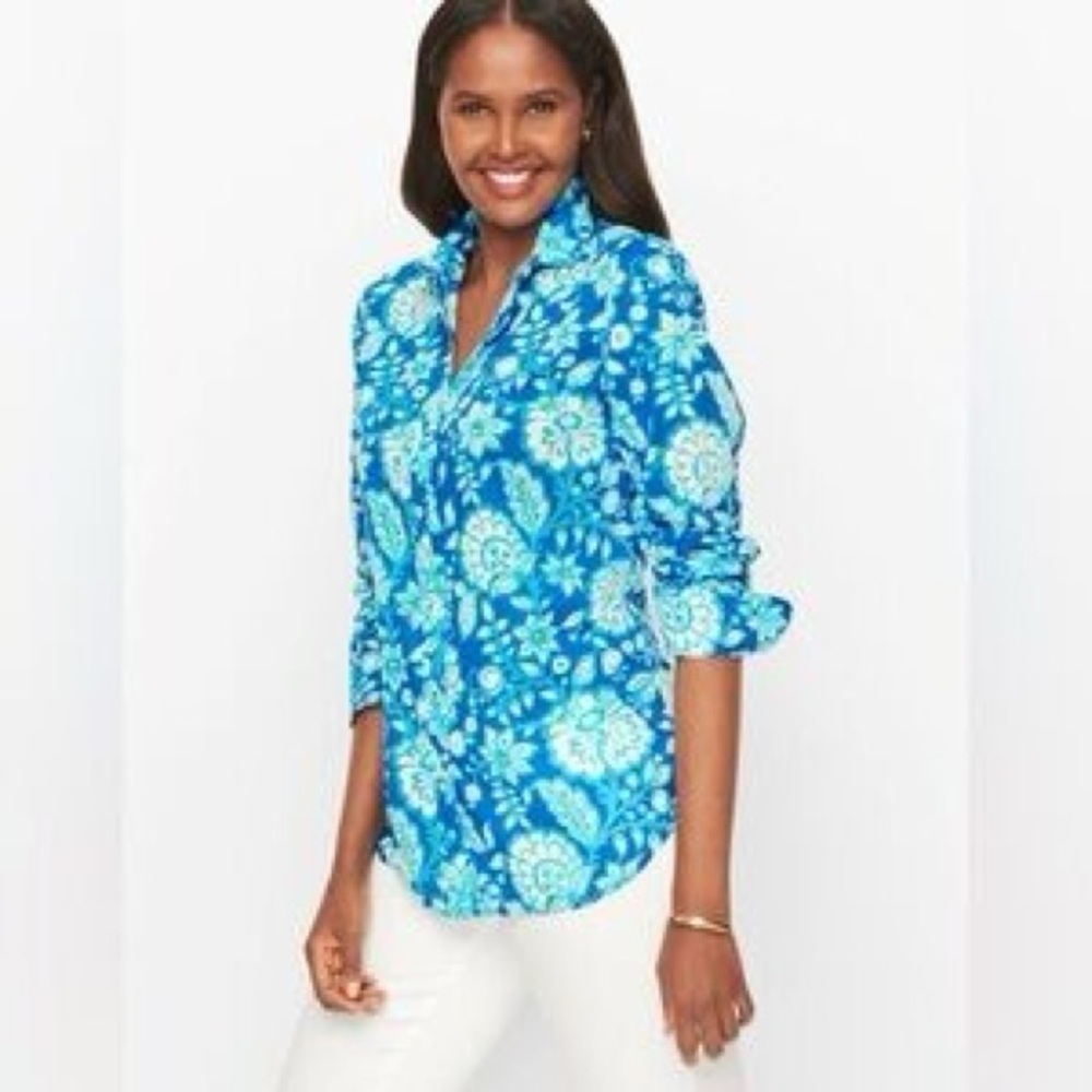 Talbots Plus Blue & White Casual Button Down Floral Beach Cotton Shirt Sz 1X